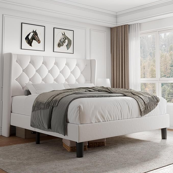 iPormis Full Size Velvet Platform Bed Frame with Button Tufted Headboard, Upholstered Bed Frame with Solid Wooden Slats, 8" Underbed Space, No Box Spring Needed, Noise Free, Easy Assembly, White