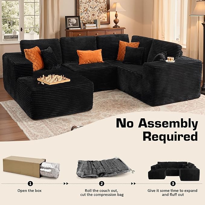 Weaxty Boneless Sectional Couch, U Shaped Modular Cloud Couches with Chaise, Plush Corduroy Memory Foam Deep Seat Floor Sofa, No Assembly Required，Black