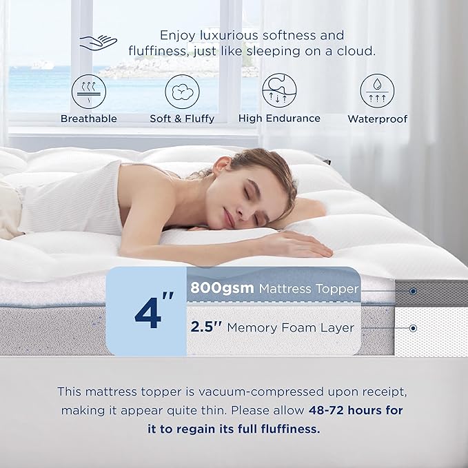 Bedsure 4 Inch Memory Foam Mattress Topper Twin Size, Dual Layer 2.5 Inch Gel Memory Foam & 800 GSM Waterproof Pillow Top Cooling Mattress Pad with 8-21 Inch Deep Pocket (Twin, 39x75 Inches)