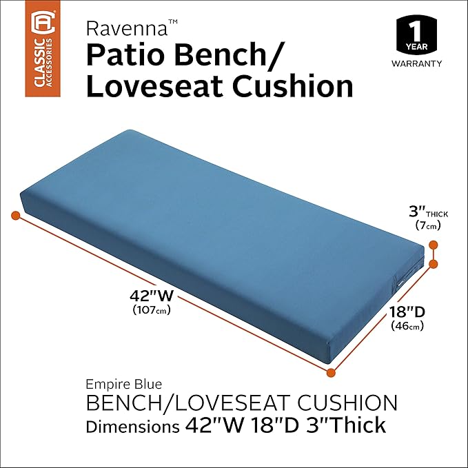 Classic Accessories Ravenna 42 x 18 x 3 Inch Bench/Settee Cushion, 1 Count (Pack of 1), Empire Blue, Patio Loveseat Cushion