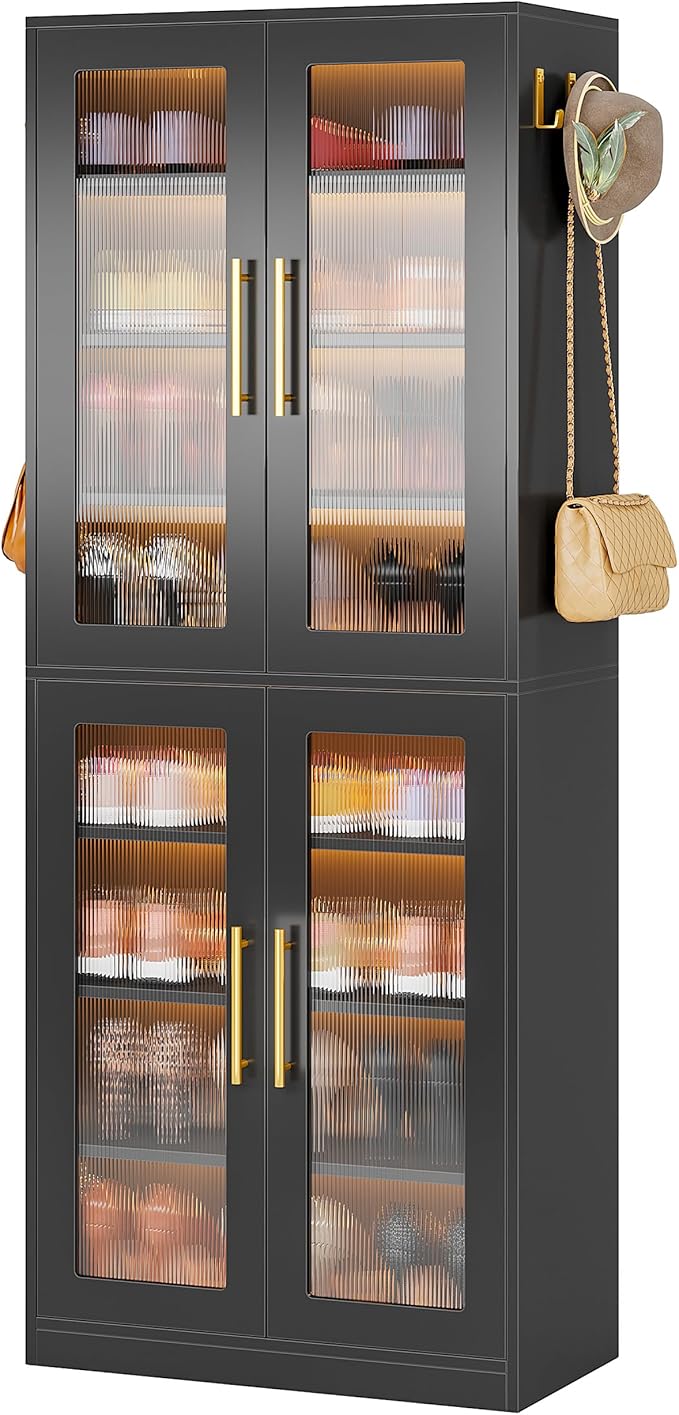 Tribesigns Black Shoe Storage Cabinet with Acrylic Doors and LED Lights, 8-Tier Tall Entryway Shoe Organizer Rack with Adjustable Shelves & Hanging Hooks for Narrow Closet, Hallway, Living Room