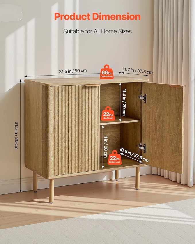 VEVOR Fluted Cabinet, Buffet Cabinet with 2-Tier Storage, Coffee Bar Cabinet with Adjustable Shelves, Sideboard Buffet for Hallway, Entryway, Living Room, or Kitchen, Oak