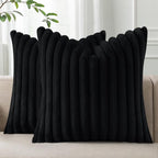 Pallene Faux Fur Plush Throw Pillow Covers 18x18 Set of 2, Luxury Soft Fluffy Striped Decorative Pillow Covers for Sofa, Couch, Living Room, Black