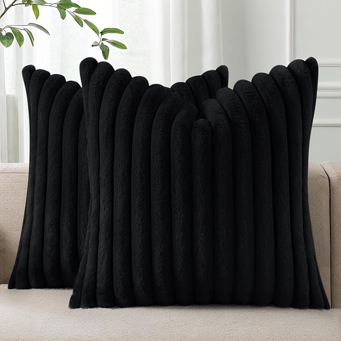 Pallene Faux Fur Plush Throw Pillow Covers 18x18 Set of 2, Luxury Soft Fluffy Striped Decorative Pillow Covers for Sofa, Couch, Living Room, Black