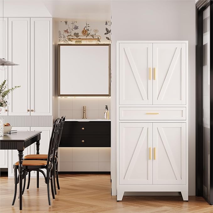Large Metal Kitchen Pantry Cabinet with Adjustable Shelves - Freestanding Kitchen Storage Cabinet for Dining Room,Livingroom Bathroom, Hallway, Workshop, Office (White, 71"-1 Drawer)