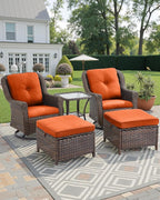3 Piece Patio Swivel Chairs and Side Table Set - High Back Outdoor Brown Wicker Rattan Rocking Glider with Thick Cushions for Porch Apartment Deck Yard Poolside Garden - Orange