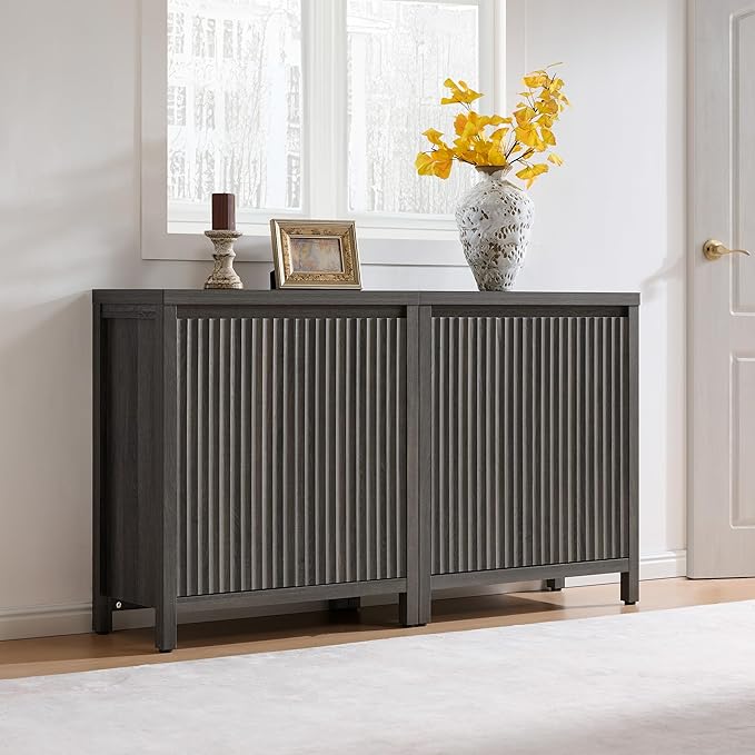 SICOTAS Sideboard Buffet Cabinet with Storage, Fluted Credenza Console Cabinet with Adjustable Shelves, Modern Coffee Bar Storage Cabinet for Kitchen, Living Room, Entryway, Black Oak, 3 PCS