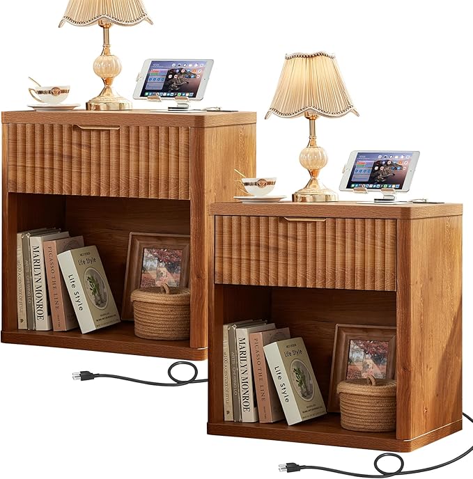 LEYAOYAO Fluted Farmhouse Nightstand Set of 2 with Charging Station, 23" Wide 1 Drawers End Table,Brown Dresser for Bedroom,Bed Side Table Chest of Drawers Cabinet,Wood Night Stand for Living Room