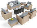 Patio Furniture Set 8 pcs, Wicker Rattan Outdoor Furniture with 5.5” Thick Cushions, 3-Seat Sofa, 4 Chairs, 2 Ottomans and 56" Fire Pit Table, Outdoor Conversation Set for Backyard Deck, 9 Seats Grey