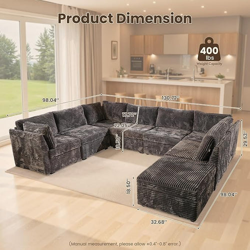 130'' Modern Modular Sectional Sofa with Ottoman, 8 Pieces U Shaped Cloud Couch for Living Room, Oversized Deep Seat Convertible Sofa Set, Plush Corduroy Gray