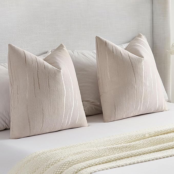 FUTEI Beige Chenille Decorative Throw Pillow Covers 20x20 Inch Set of 2,Soft Embossed Striped Textured Cushion Case,Modern Home Decor for Couch Bed Living Room