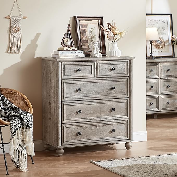 Farmhouse Dressers & Night Stand Set of 4, Wood 54" Wide 6 Drawer Dresser & 35" Tall Chest of Drawers, 18" Roman Column Nightstand Set of 2, Bedroom Furniture Dresser Sets for Home Living Room Hallway