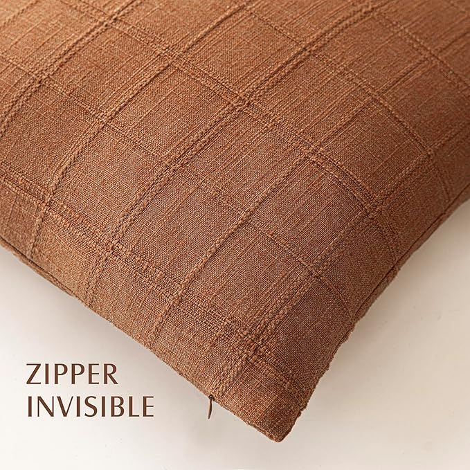 Foindtower Set of 2 Decorative Linen Check Throw Pillow Covers Neutral Farmhouse Vintage Cushion Covers Modern Boho Home Decor for Sofa Chair Couch Bedroom Living Room,18×18 Inch,Orange