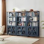 5 Tier Bookshelf 70" Tall Bookcase with Barn Doors,Large Farmhouse Display Book Shelf with Adjustable Shelves and Storage Cabinet，Library Wood Bookshelves for Living Room,Kitchen,Blue(3PCS)