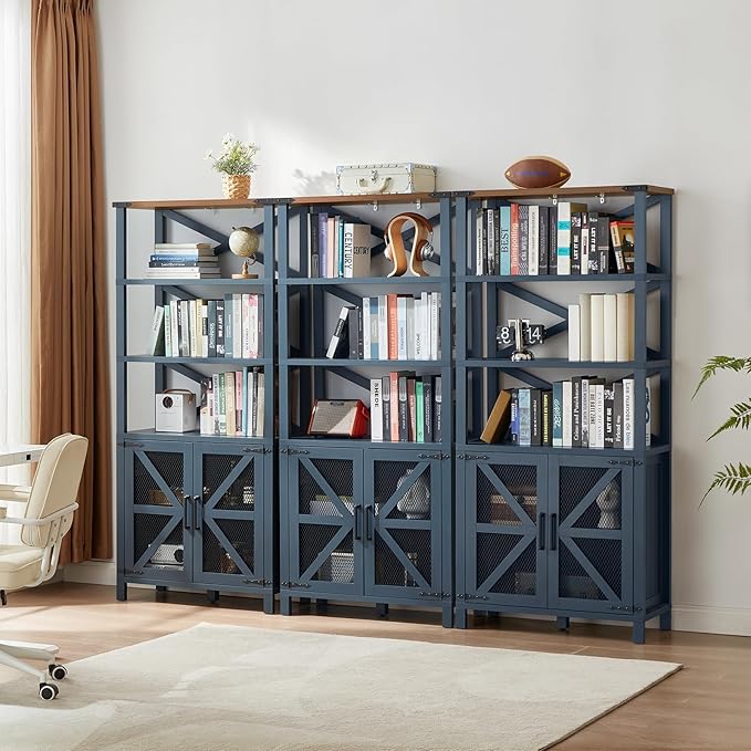 5 Tier Bookshelf 70" Tall Bookcase with Barn Doors,Large Farmhouse Display Book Shelf with Adjustable Shelves and Storage Cabinet，Library Wood Bookshelves for Living Room,Kitchen,Navy Blue
