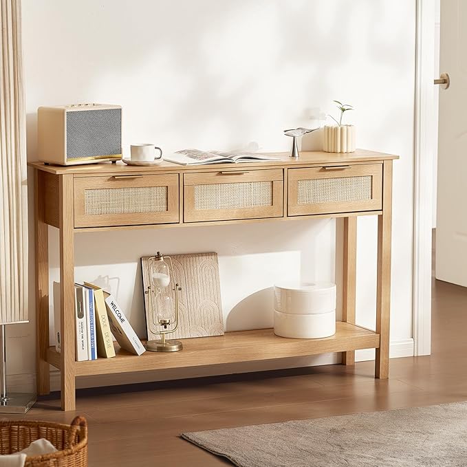 VEVOR Rattan Console Table, Entryway Table with 3 Storage Drawers, Hallway Table with Natural Rattan Sliding Door, Console Sofa Table for Living Room, Study, Entryway Or TV Wall, Natural
