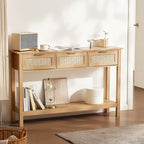 VEVOR Rattan Console Table, Entryway Table with 3 Storage Drawers, Hallway Table with Natural Rattan Sliding Door, Console Sofa Table for Living Room, Study, Entryway Or TV Wall, Natural