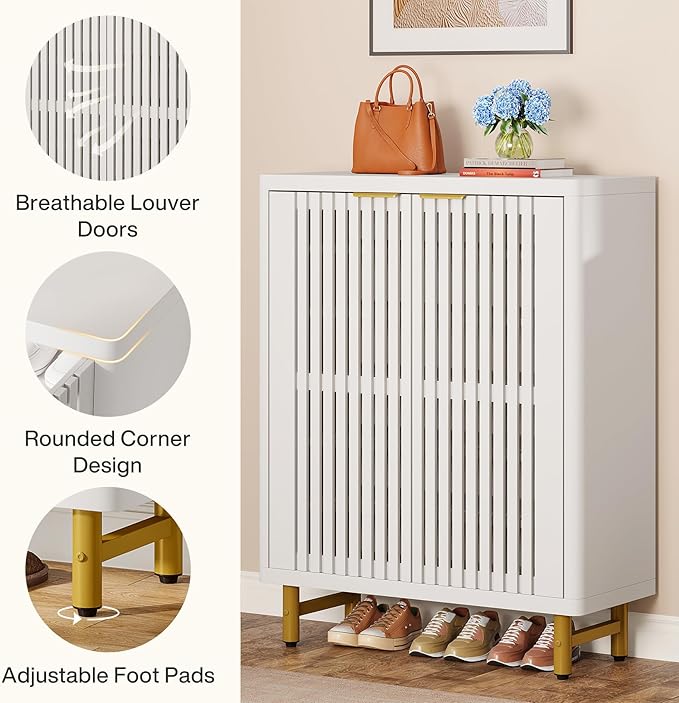 Tribesigns Shoe Cabinet with Shutter Doors, 6-Tier Entryway Shoe Cabinet with Adjustable Shelves, Wooden Modern Rack Organizer for Entryway, Hallway, Closet, Living Room, White