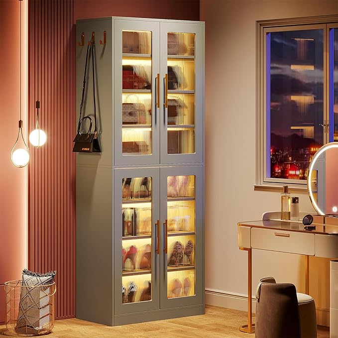 Tribesigns Tall Shoe Cabinet with Acrylic Doors and LED Lights, 8-Tier Entryway Shoe Organizer Storage Rack with Adjustable Shelves and Hanging Hooks for Narrow Closet, Hallway, Living Room, Gray
