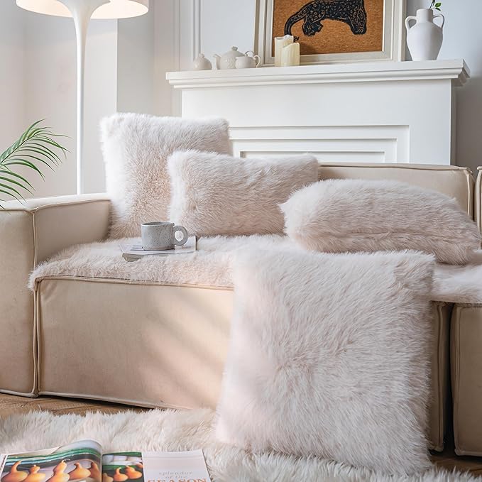 Neelvin Beige Faux Fur Cozy Fluffy Double-Sided Decorative Throw Pillow Covers 20x20 inch Set of 2,Velvet Pillowcase Cushion Case for Sofa Couch