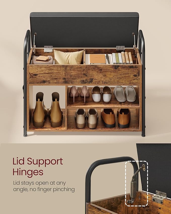 VASAGLE Shoe Bench, Shoe Rack, Entryway Furniture, Inner Storage Under The Lid, PU Pockets, Convenient Handles, for Entryway, Living Room, Bedroom, Rustic Brown and Ink Black ULSB052K01