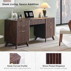 T4TREAM Fluted Executive Desk with Drawers, 60" Modern Home Office Computer Desk with Charging Station, File Cabinet, Keyboard Tray and Storage Cabinet for Study, Living Room, Bedroom, Dark Walnut
