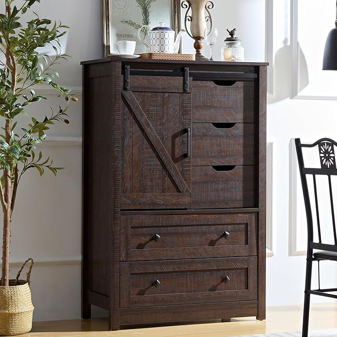Farmhouse 5 Drawers Dresser for Bedroom, 48" Tall Dresser w/Sliding Barn Door, Rustic Dresser 5 Chest of Drawers, Storage Organizer Dresser for Bedroom, Hallway, Living Room, Dining Room, Espresso
