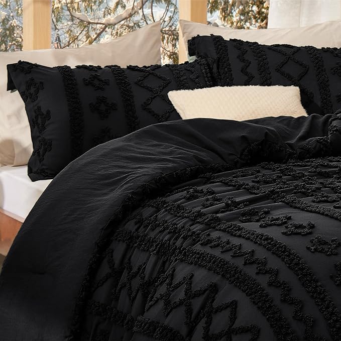 Bedsure Tufted Boho Comforter Set Full Size - Black Boho Bed Set, GentleSoft™ 3 Pieces Farmhouse Shabby Chic Embroidery Bedding, Gifts for Woman, Soft Jacquard Full Comforter for All Seasons