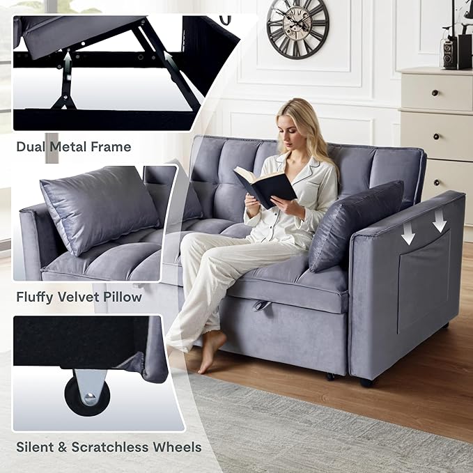 FLEXISPOT XCT4 Pull Out Couch for Small Spaces, 3-in-1 Convertible Loveseat Sofa Bed with Adjustable Backrest, Compact Futon Sofa Bed Twin Sleeper Loveseat for Apartment Dorm RV Guest Room, Gray