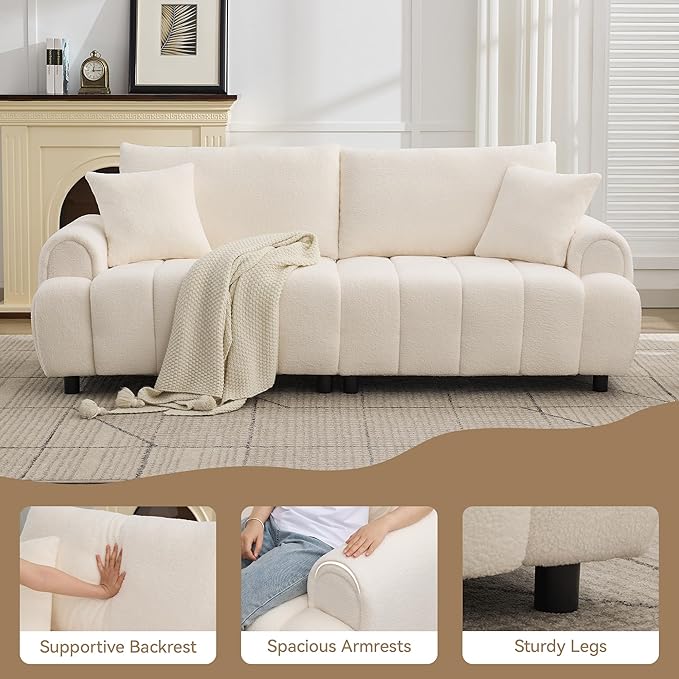 88 "Modern Boucle Sofa Couch, Oversized Comfy 3 Seater Sherpa Curved Sofas Deep Seat, Upholstered Loveseat Teddy Round Arm Couches for Living Room, Bedroom, Beige