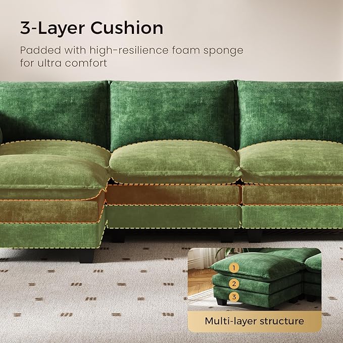 KKL Modular Sectional Sofa, V-Shaped 3 Seater Cloud Couch with Ottoman, Chenille Modern Sectional Couches for Living Room, Apartment Green