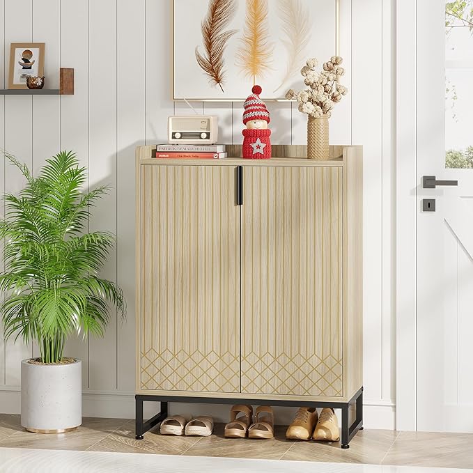 Tribesigns Shoe Cabinet with Doors,Natural 5 Tiers Shoe Storage Cabinet for Entryway, 25 Pairs Wooden Shoe Rack Cabinet, Modern Shoe Organizer Storage for Living Room, Bedroom, Hallway, Closet