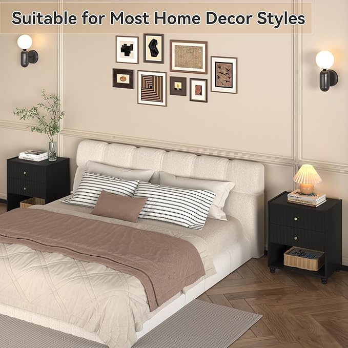 Modern Nightstand Set of 2, Fluted End Table with Open Shelf, Night Stand with 2 Drawers for Bedroom (2,Black)