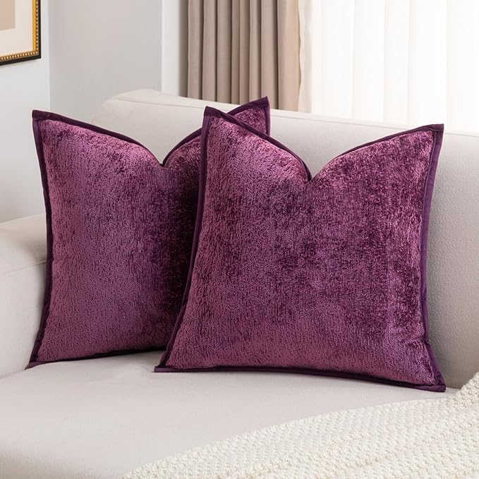 FUTEI Purple Chenille Throw Pillow Covers 16x16 Inch Set of 2,Soft Cozy Bound Edge Design Cushion Case,Home Decor for Couch Bed Living Room