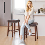 PrimeZone Counter Height Bar Stools Set of 6 - Backless Saddle Barstools with 4.3" Thick Upholstered, Nailhead Trim Faux Leather & Solid Wood Legs, 26 Inch Counter Stools for Kitchen Island, Brown