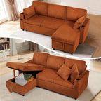 84" Corduroy Pull Out Sofa Bed w/Adjustable Backrests, Sectional L-Shape Sleeper Sofa w/Storage Chaise, Convertible Couch Bed w/USB Charging Port & Cup Holders for Living Room, House, Orange