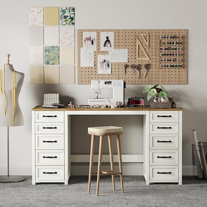WOPITUES 60" Farmhouse Home Office Desk with 10 Wooden Drawers, Rustic Computer Writing Desk with Power Outlets, Large Executive Desk with Storage Cabinet for Work Study Writing, Rustic Brown & White