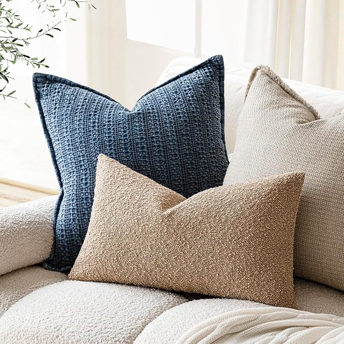 Foindtower Pack of 2 Textured Boucle Throw Pillow Covers Accent Solid Lumbar Pillow Cases Cozy Soft Decorative Couch Cushion Case for Chair Sofa Bedroom Living Room Home Decor, 12 x 20 Inch,Camel