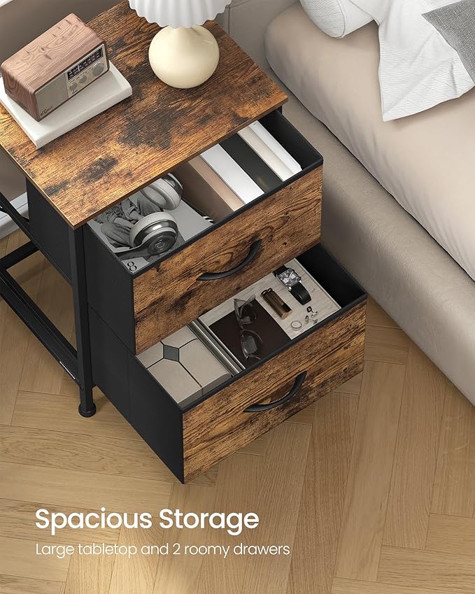 SONGMICS Dresser for Bedroom, Chest of Drawers, Nightstand, Steel, MDF, 2 Non-Woven Fabric Drawers, Storage Organizer Unit, Closet, Entryway, Rustic Brown and Ink Black ULGS312B02S