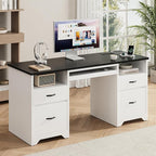 Bestier 59” Computer Desk with 4 Drawers, Office Desk with Storage, Modern Executive Desk with Charging Station, Keyboard Tray & Wooden Pedestals on Both Sides for Home Office & Studio, White