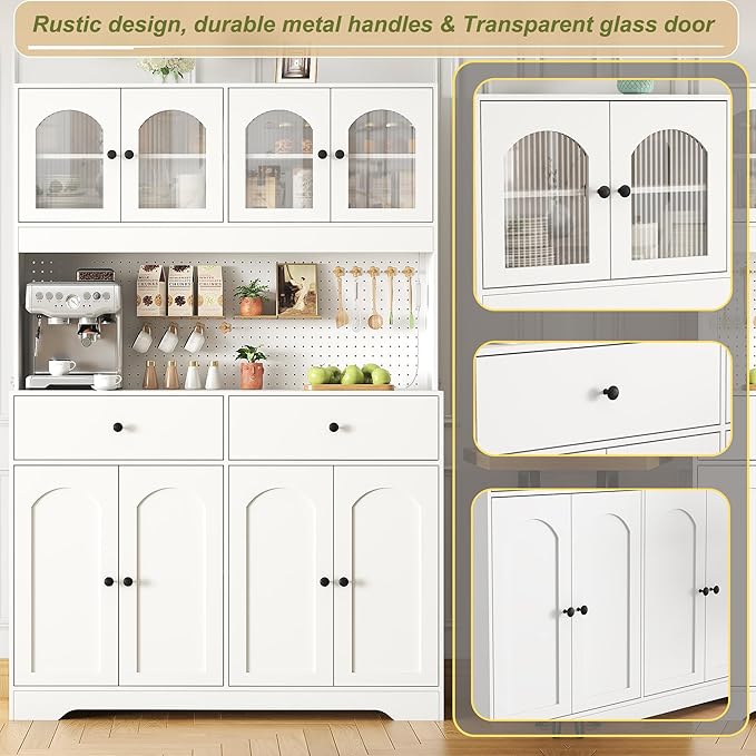 70" Pantry Cabinet with Pegboard, Kitchen Pantry Storage Cabinet with Shelves & Drawer, Adjustable Shelves, LED Light & Power Outlets for Dining Room (White)