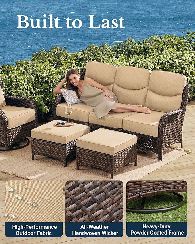 HILLGA Luxury Patio Furniture Set with 6-Inch Thick Cushions, High Back Outdoor Swivel Rocker Chairs and Patio Couch, 10-Piece All Weather Conversation Set for Porch Deck Pool Yard, Beige (V3)