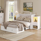 Full Size Murphy Bed with Bedside Tables,Full Size Foldable Cabinet Bed Frame with Charging Station & Drawer,Murphy Bed Chest with Adjustable LED Light for Bedroom,Guest Room,White