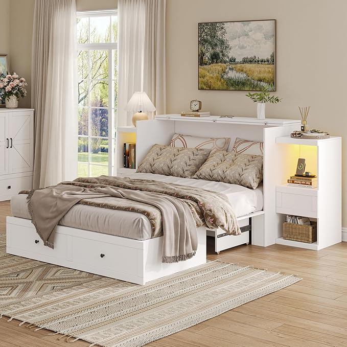 Full Size Murphy Bed with Bedside Tables,Full Size Foldable Cabinet Bed Frame with Charging Station & Drawer,Murphy Bed Chest with Adjustable LED Light for Bedroom,Guest Room,White