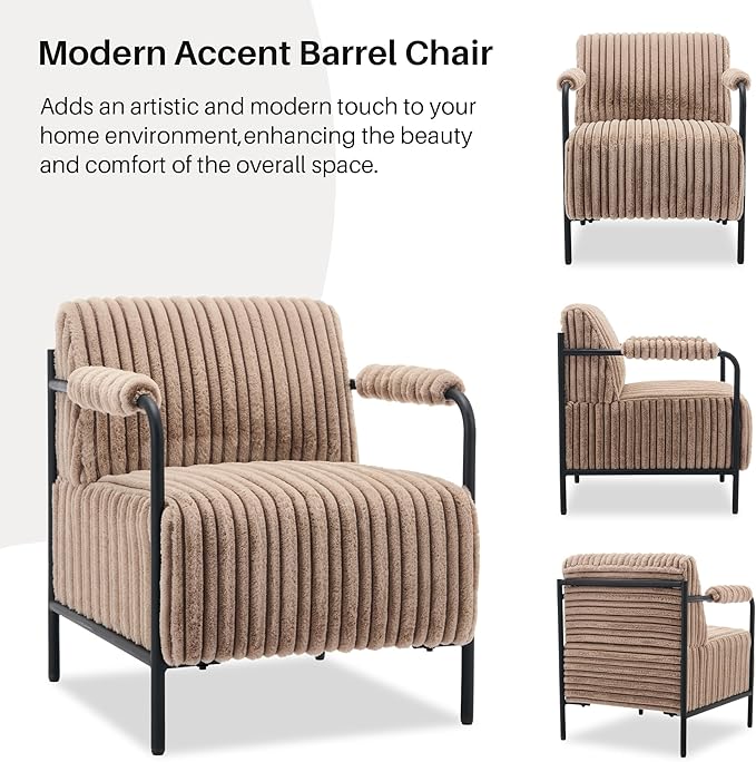 Modern Accent Lounge Chair Velvet Tufted Textured Upholstery Vertical Stitching Metal Frame Ergonomic Reading Chair for Living Room Bedroom Stylish Compact Cozy Design (Light Brown)