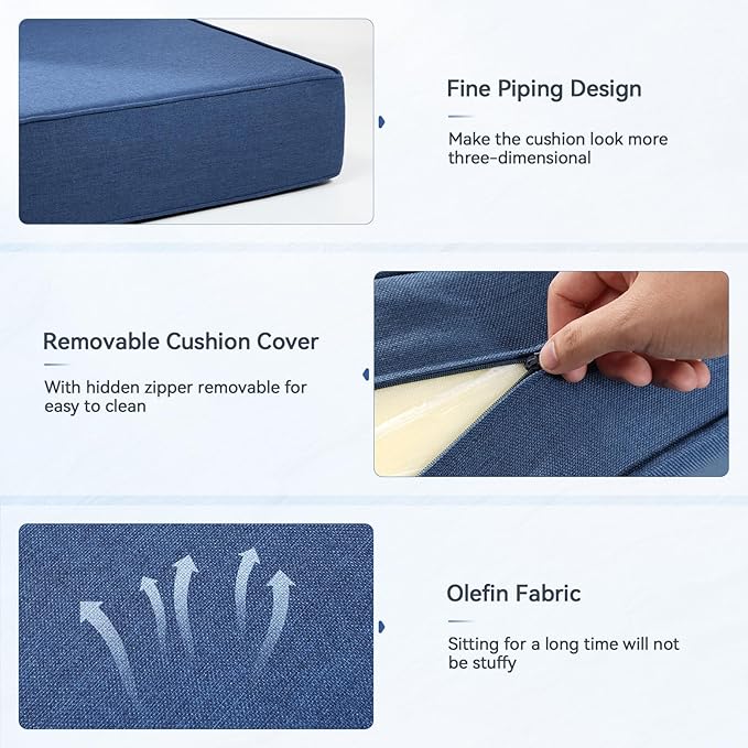 Luxury 6" Outdoor Cushions for Patio Furniture, 24x24x6" Thick Seat Cushion Set of 2, Fade Resistant Couch Chair Replacement Cushions High Density Deep Wicker Chair Cushion w/ Removable Cover, Blue