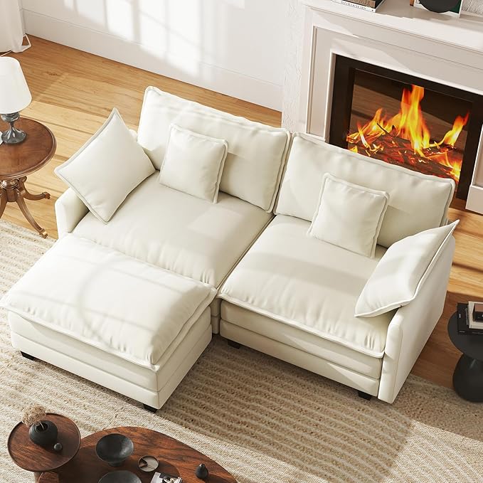 WorthFurni 77 Inch L Shape Cloud Sofa Modular Sectional Couch with Ottoman, Comfy Chenille Deep Seat Loveseat with Pillow for Living Room Bedroom Apartment （Beige）