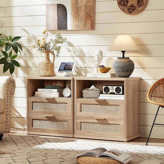 LEYAOYAO Rattan Night Stand with Charger Station, 23" Wide Boho Nightstand with 2 Drawers, Natural Wood Bedside Table Open Storage Cabinet, Bed Side End Tables Dresser for Bedroom, Living Room Hallway