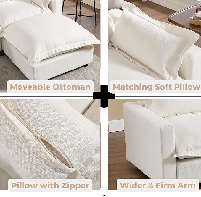 chairus 97" Modular Sectional Sofa with Moveable Ottoman Upholstered Deep Seat Linen Couch Set with Soft Pillows L Shaped Sofa Couch for Living Room, Apartment, Reception Room, 3-Seater/White