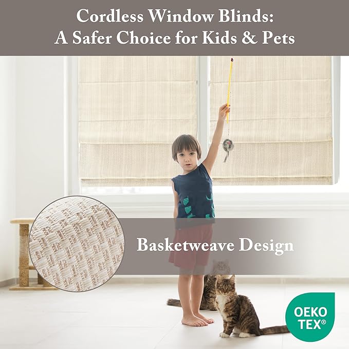 Madison Park Galen Matte Linen Cordless Roman Shades - Fabric Privacy Single Panel Darkening, Energy Efficient, Thermal Insulated Window Blind Treatment, for Home, Living Room Decor, 34" W x 64" H
